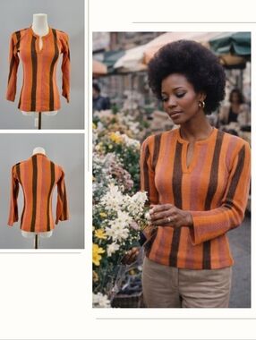 Vintage La Squadra Stripe Knit Top S Orange 70s 80s Keyhole Retro